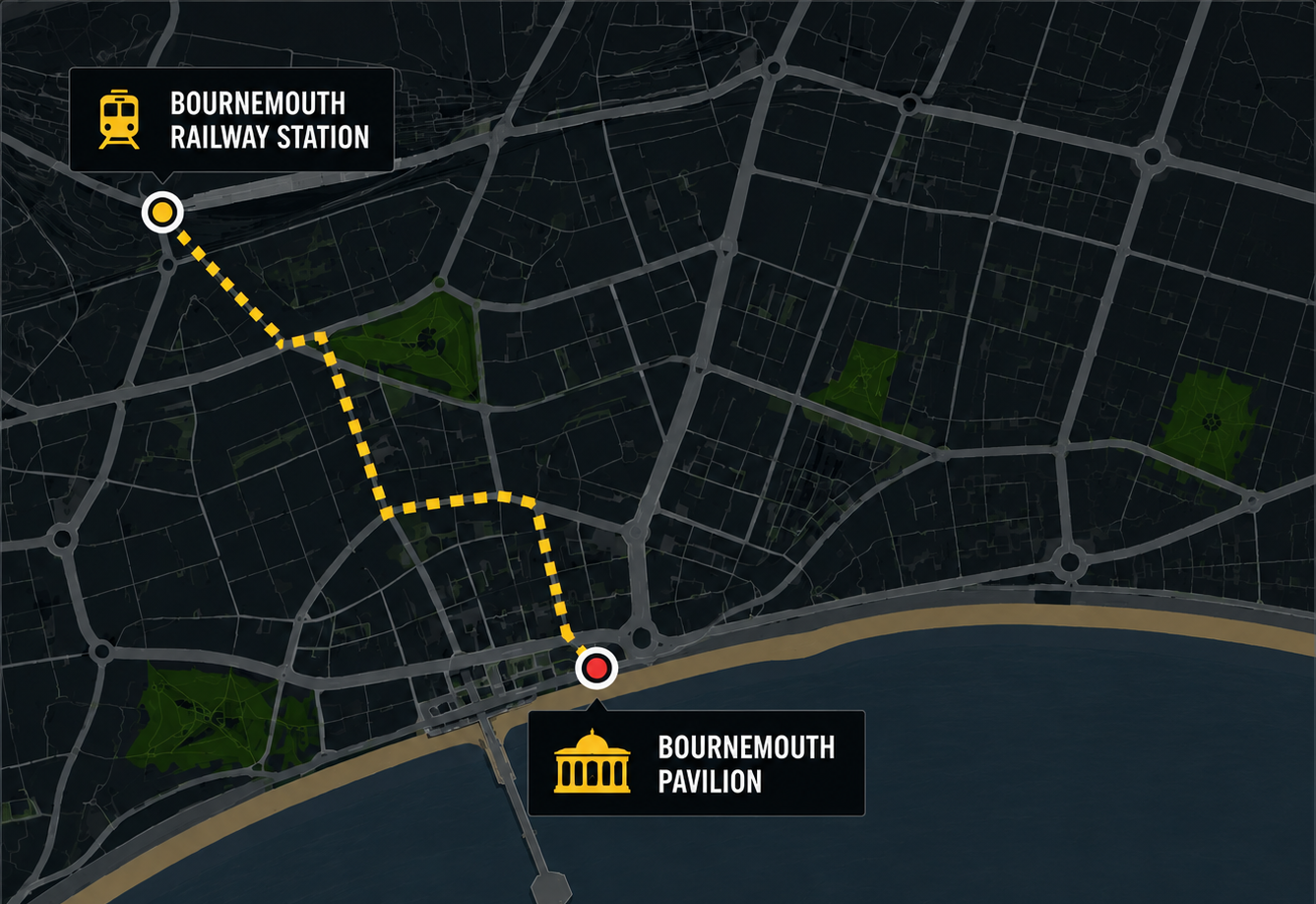 Illustrative route between Bournemouth Railway Station and Bournemouth Pavilion